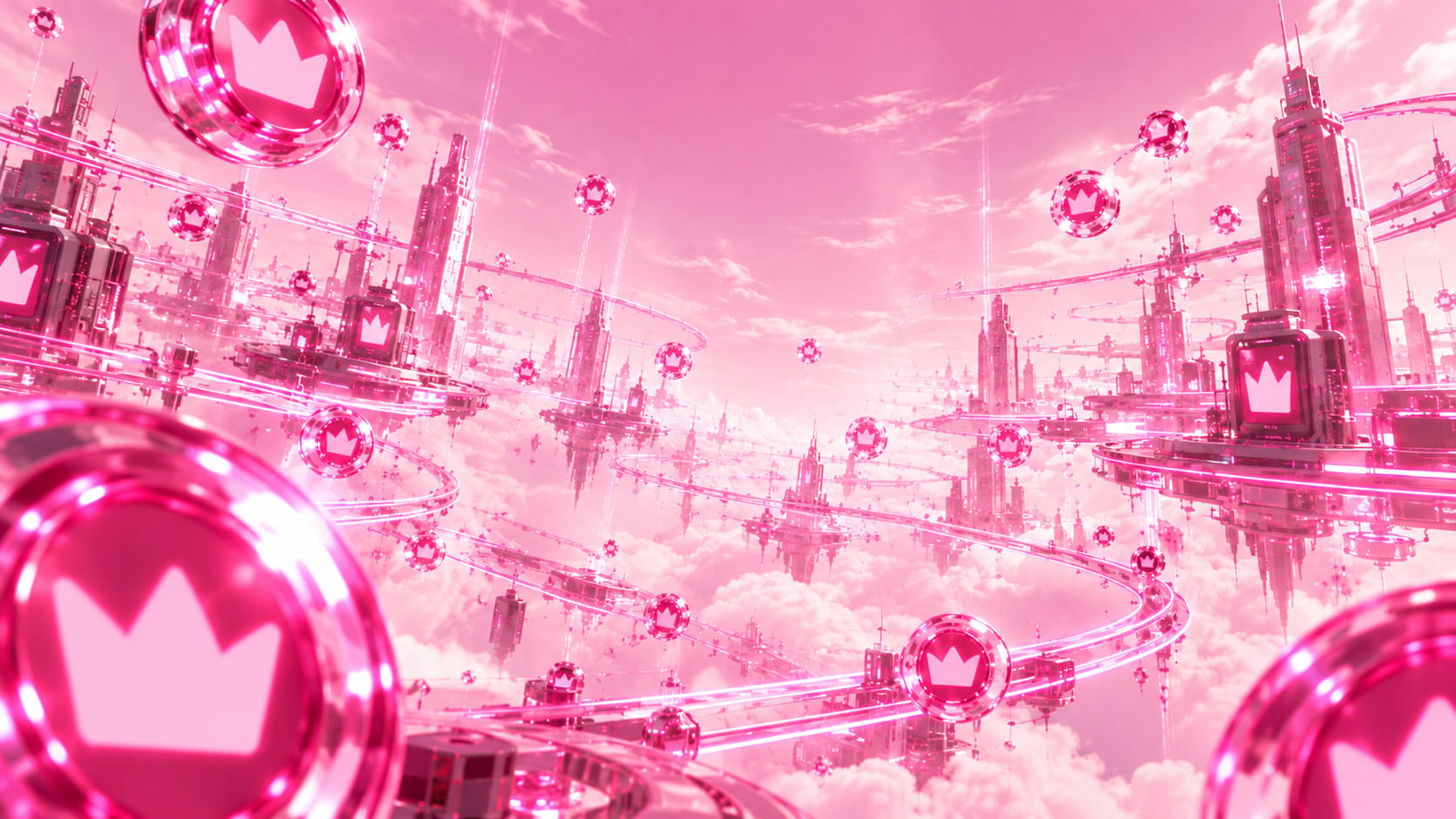 A futuristic pink launch ecosystem with glowing crown tokens and connected tracks