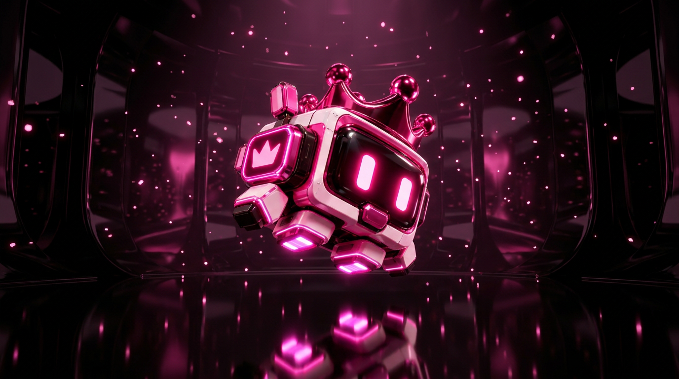 GENY floating inside a dark glossy chamber lit with pink light