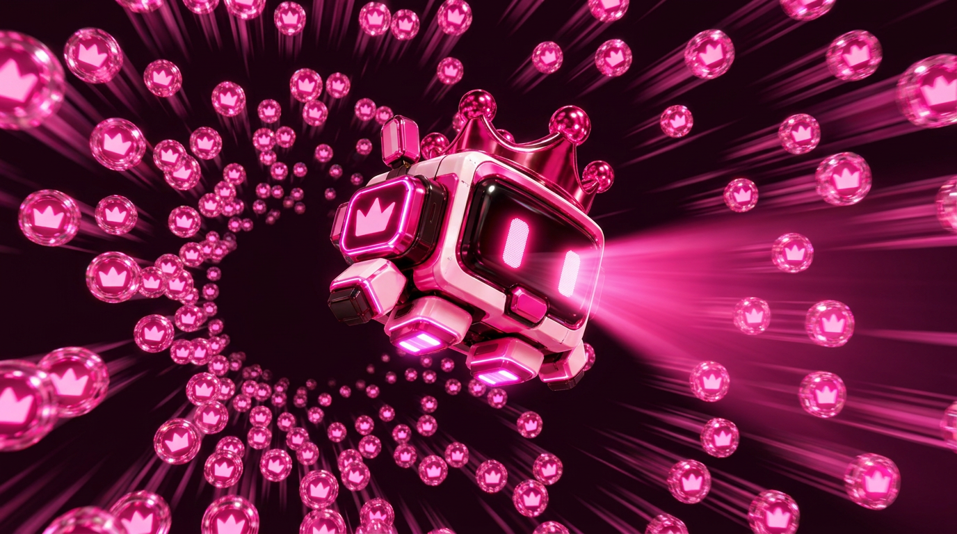 GENY flying through a tunnel of glowing pink launch tokens, scanning them with a beam